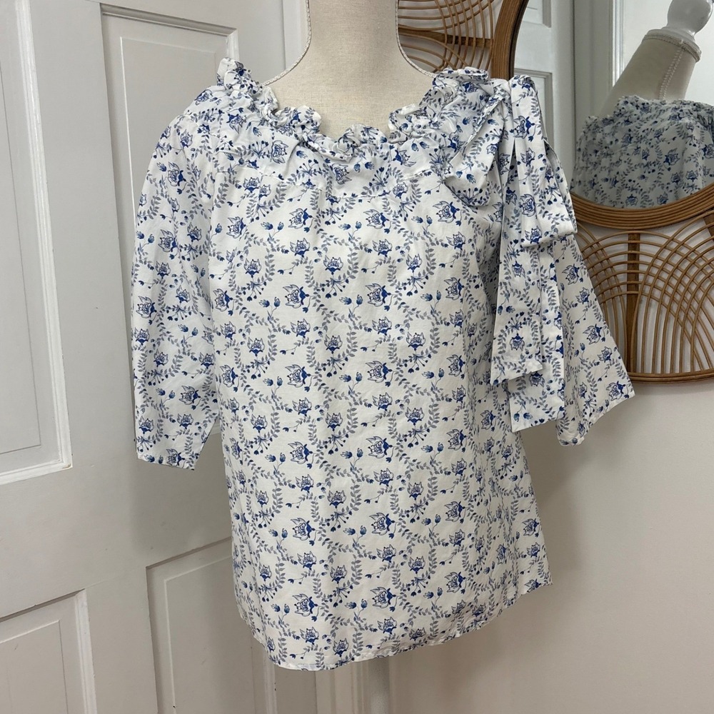 Never a Wallflower Silk and Cotton Floral Blouse L Ruffle Cottagecore Regency